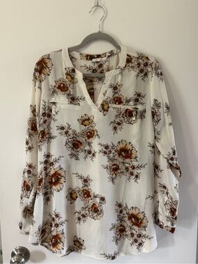 Floral Split-Neck Blouse - White with Brown & Gold Print